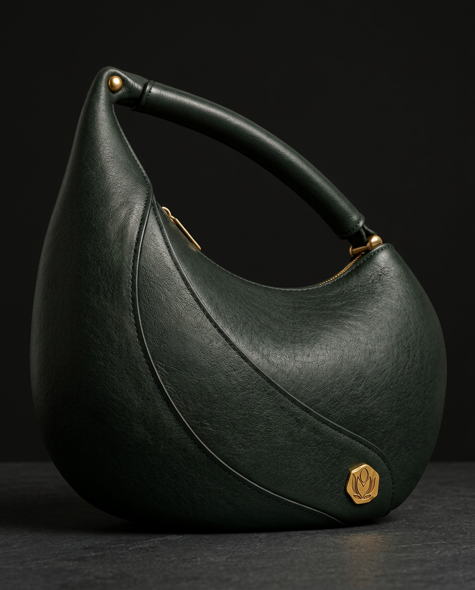 The Bloem forest-charcoal gemsbok asymmetric hobo, three-quarter view, showing the overlapping petal panels and the MBALI Gold Nugget at the front seam termination