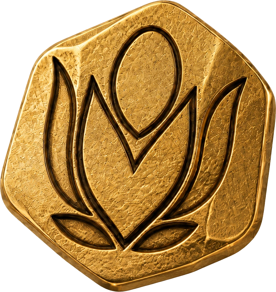 The House of MBALI Gold Nugget — a die-cast alloy medallion with the raised Mbali flower, hand-finished and plated in 24-carat gold