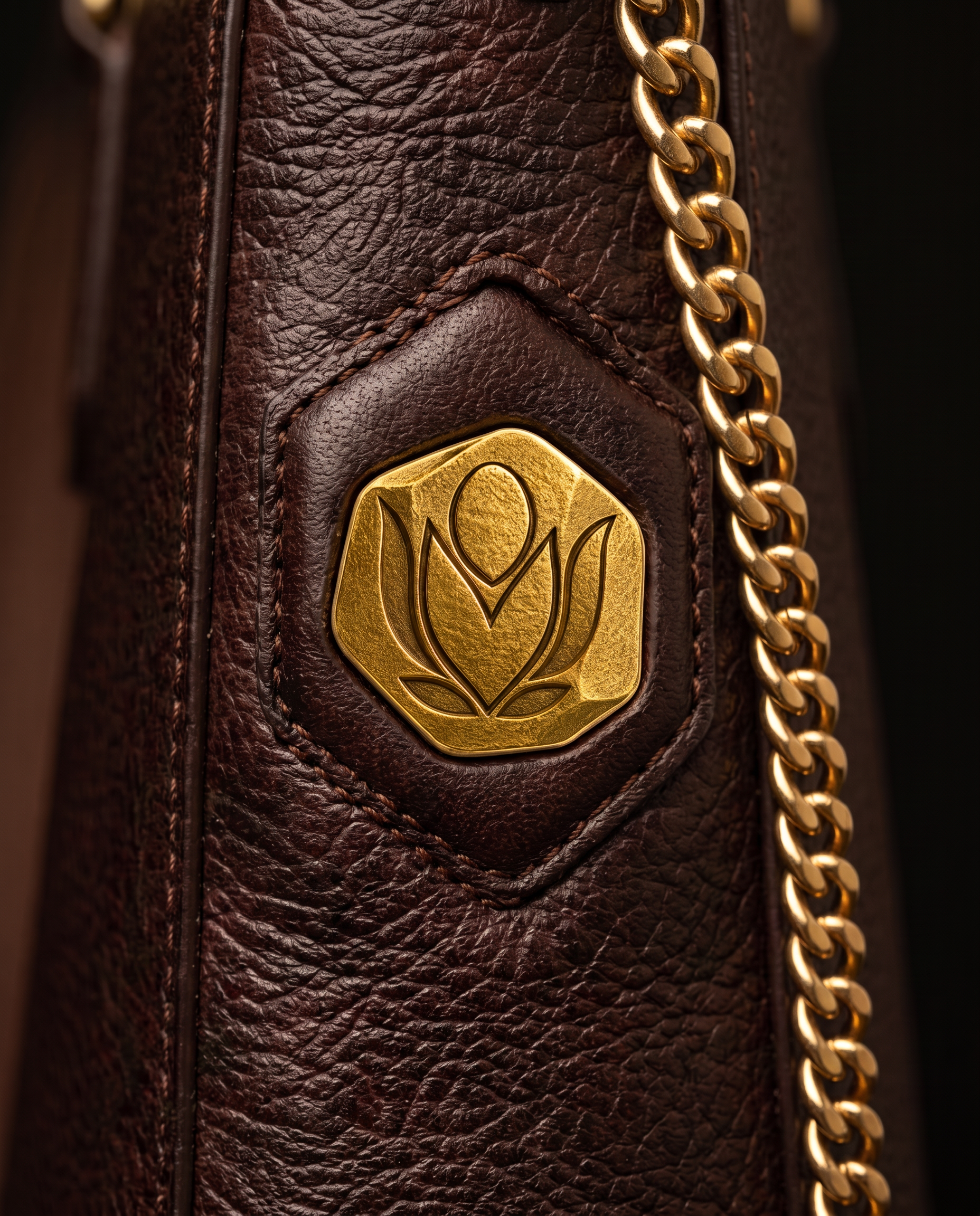Ayanda detail — the gold Nugget recessed into the side panel beside the curb chain anchor