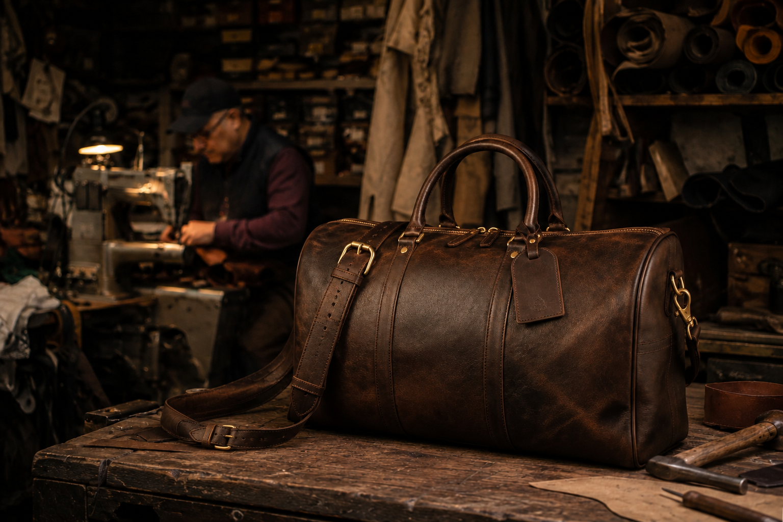 The MBALI Khaya leather weekender inside the artisan workshop where it is produced.
