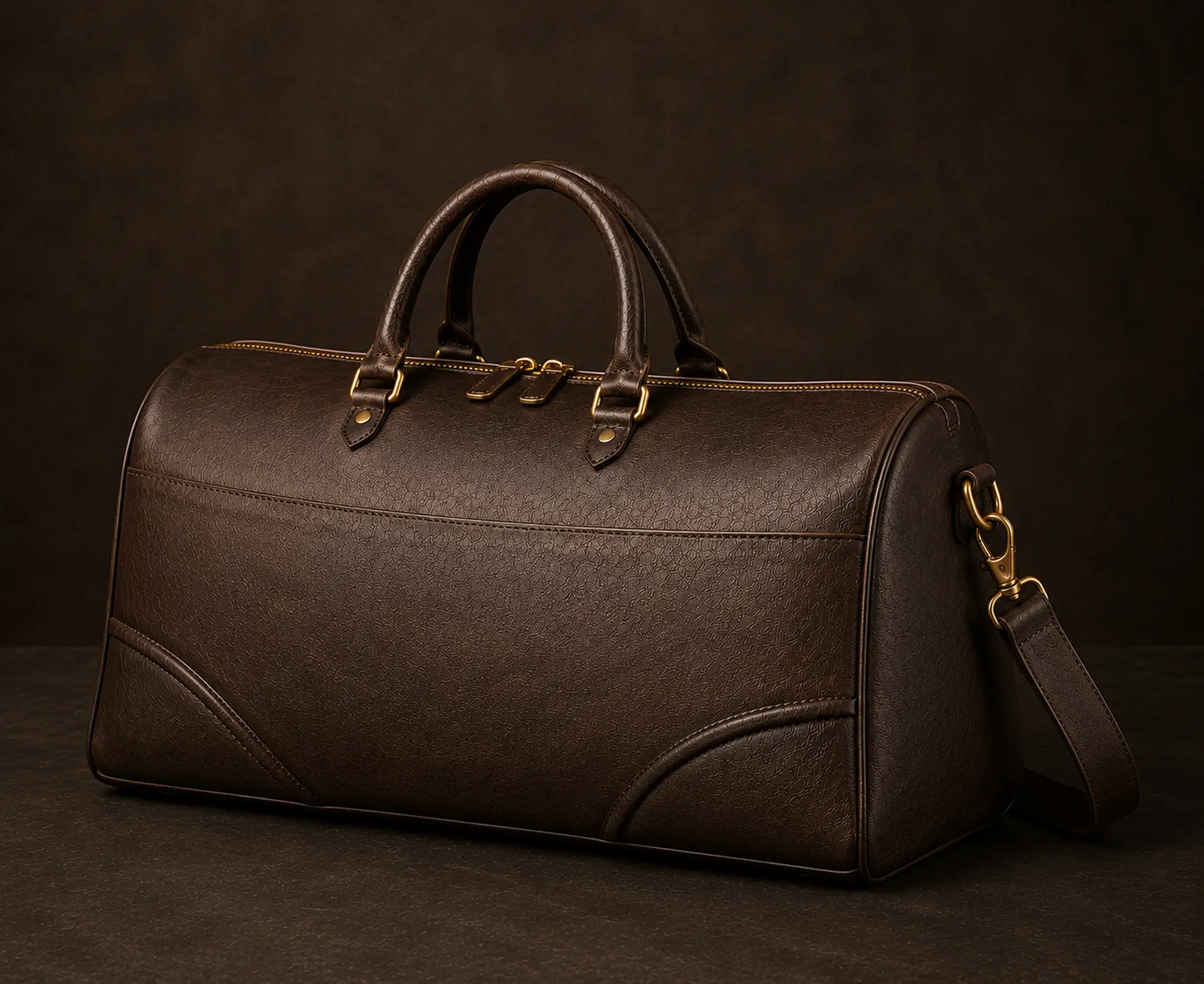 The Khaya weekender from the rear three-quarter, showing the clean back panel and gold-plated strap fittings