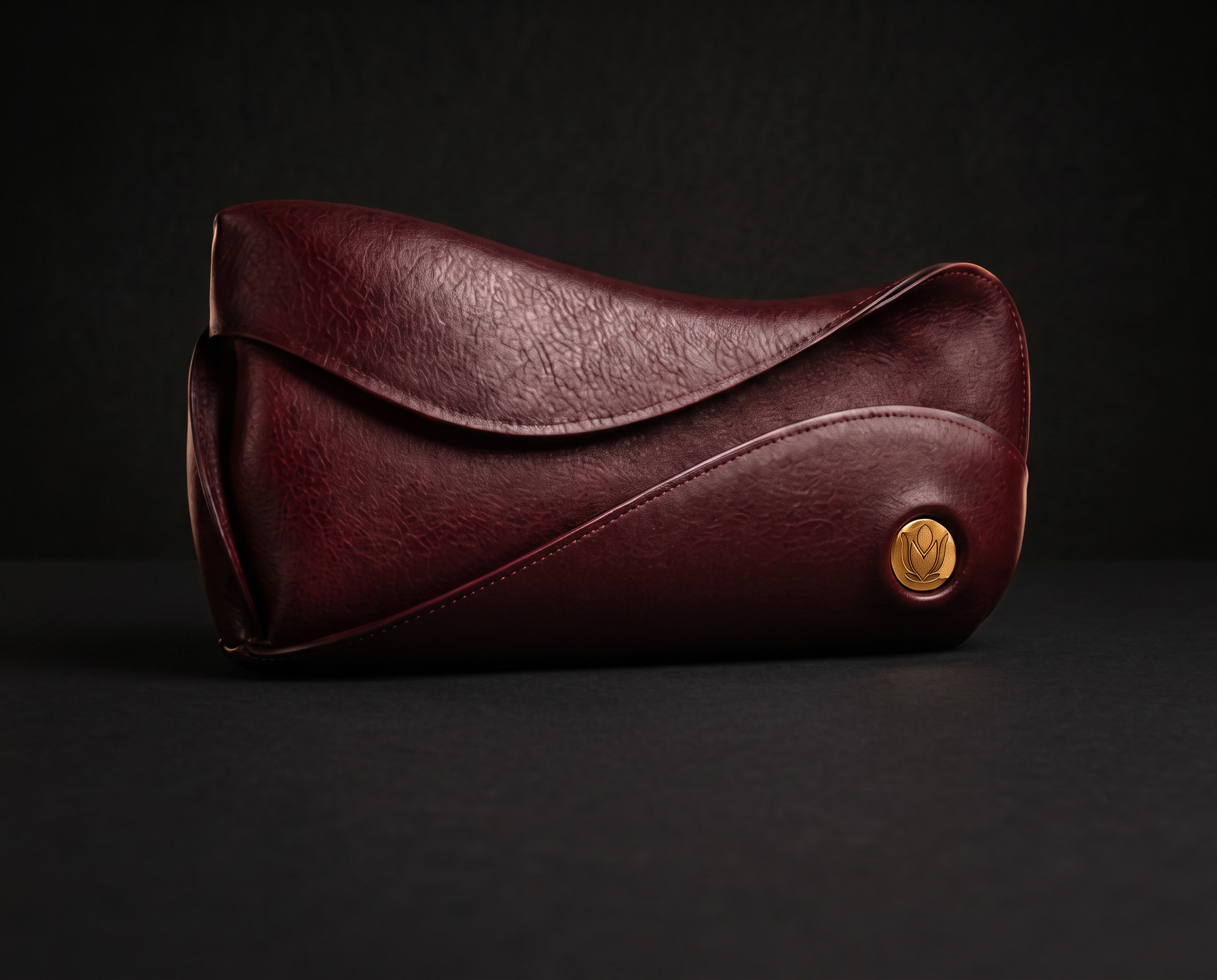 The Roos petal clutch in black-cherry oxblood gemsbok, front-left three-quarter view, showing the two sweeping petals and the small recessed MBALI Gold Nugget