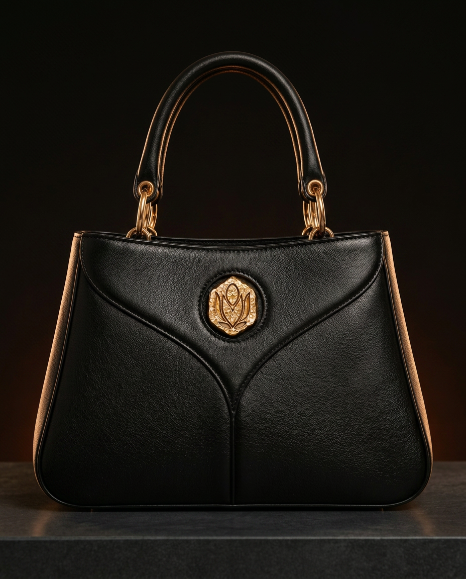 The Naledi Black Impala top-handle bag, front view, showing the three-panel protea-inspired construction and centrally mounted MBALI Gold Nugget