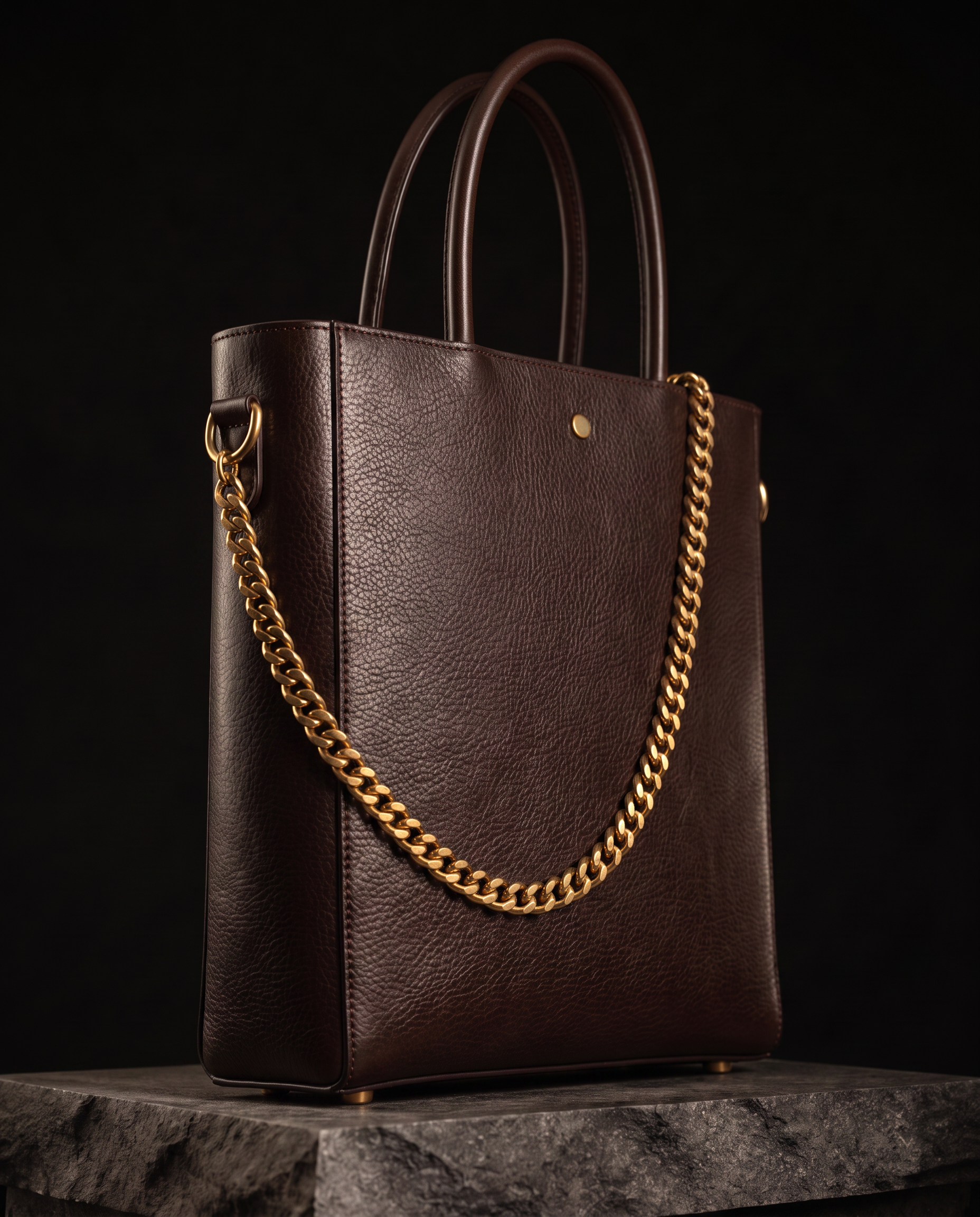 Ayanda seen from the opposite three-quarter angle, curb chain draped from the top corner ring