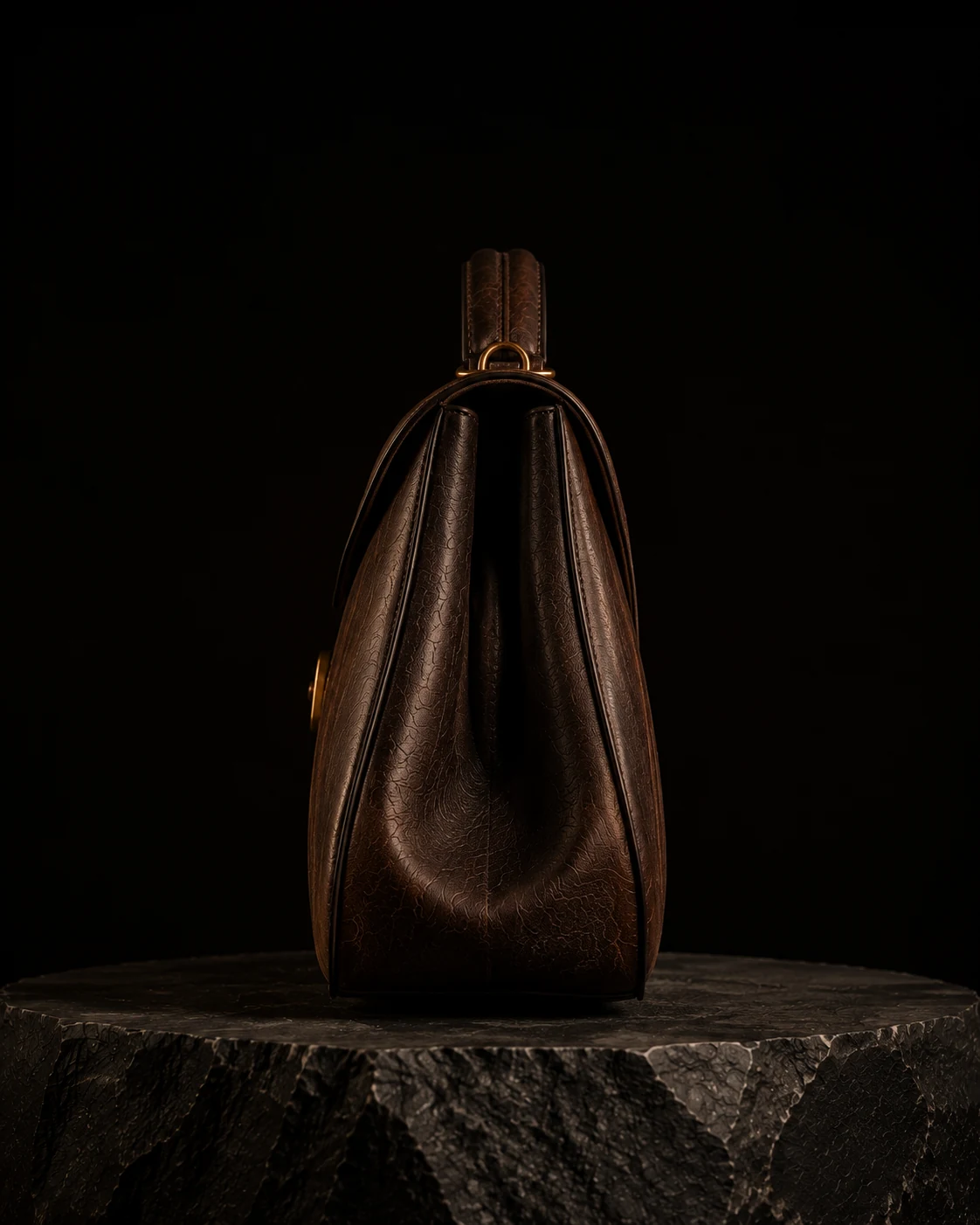 The Nandi in profile, showing the softly gusseted side and rolled top handle
