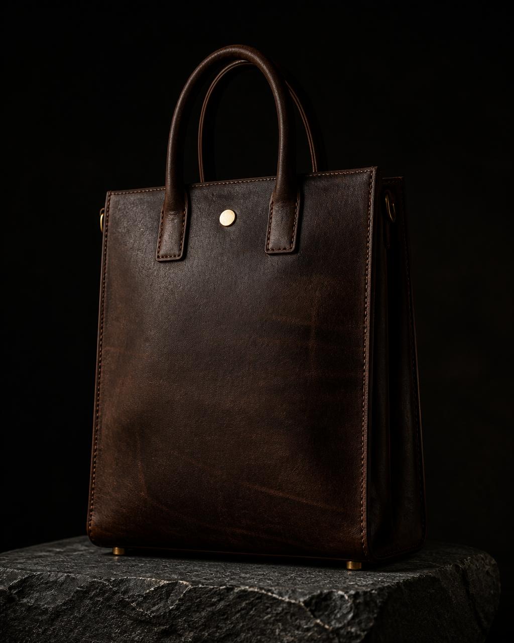 The Ayanda tote in espresso kudu leather on a stone plinth