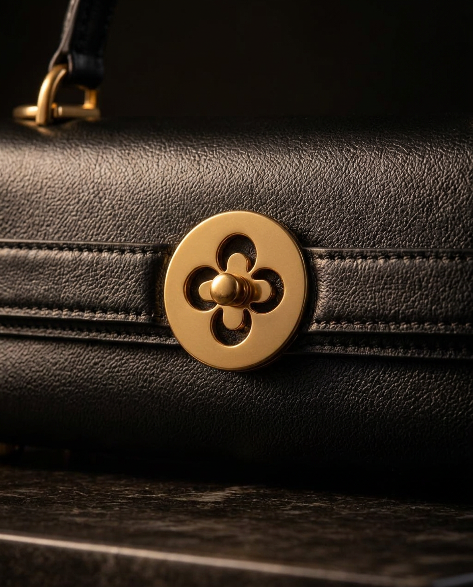 Buhle detail — the pierced gold seal turn-lock closing the twin front straps