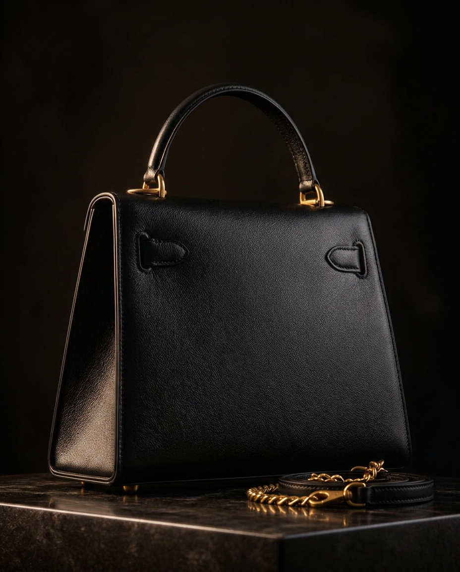 Buhle from behind with its detachable gold chain strap coiled on dark stone