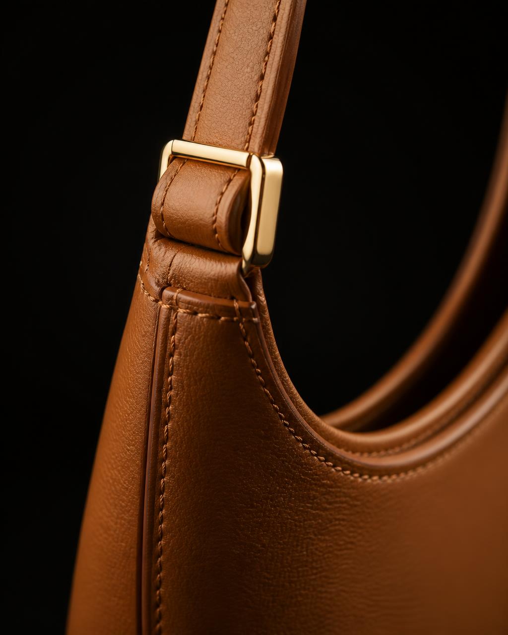 Lindiwe detail — the pierced gold seal set at the strap root, with hand saddle-stitching