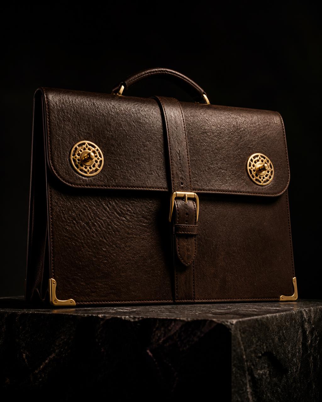 The Mandla document case in dark umber kudu with twin gold seal turn-locks