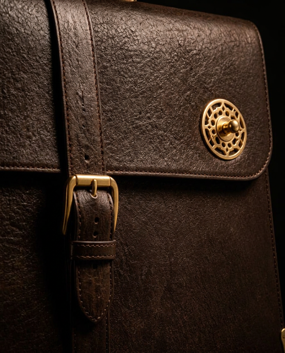 Mandla detail — pierced gold seal turn-lock stitched into a hand-cut recess