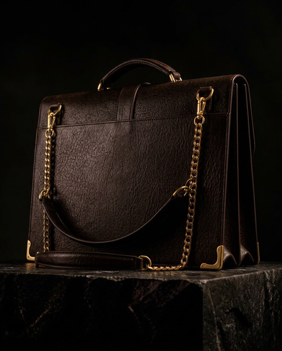 Mandla seen from behind on its gold chain-and-leather shoulder strap