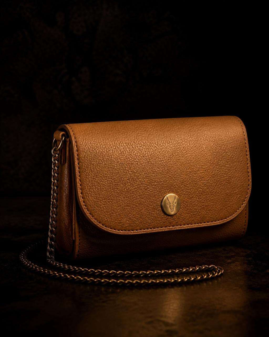 The Zola evening clutch in sand springbok calf with a gold chain