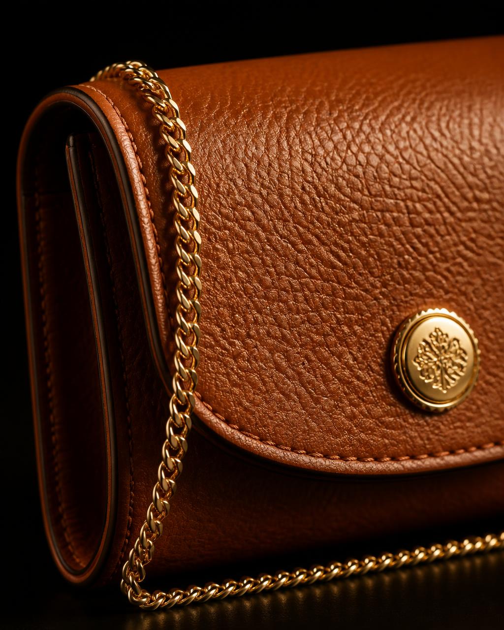 Zola flap detail — burnished edge and fine gold chain