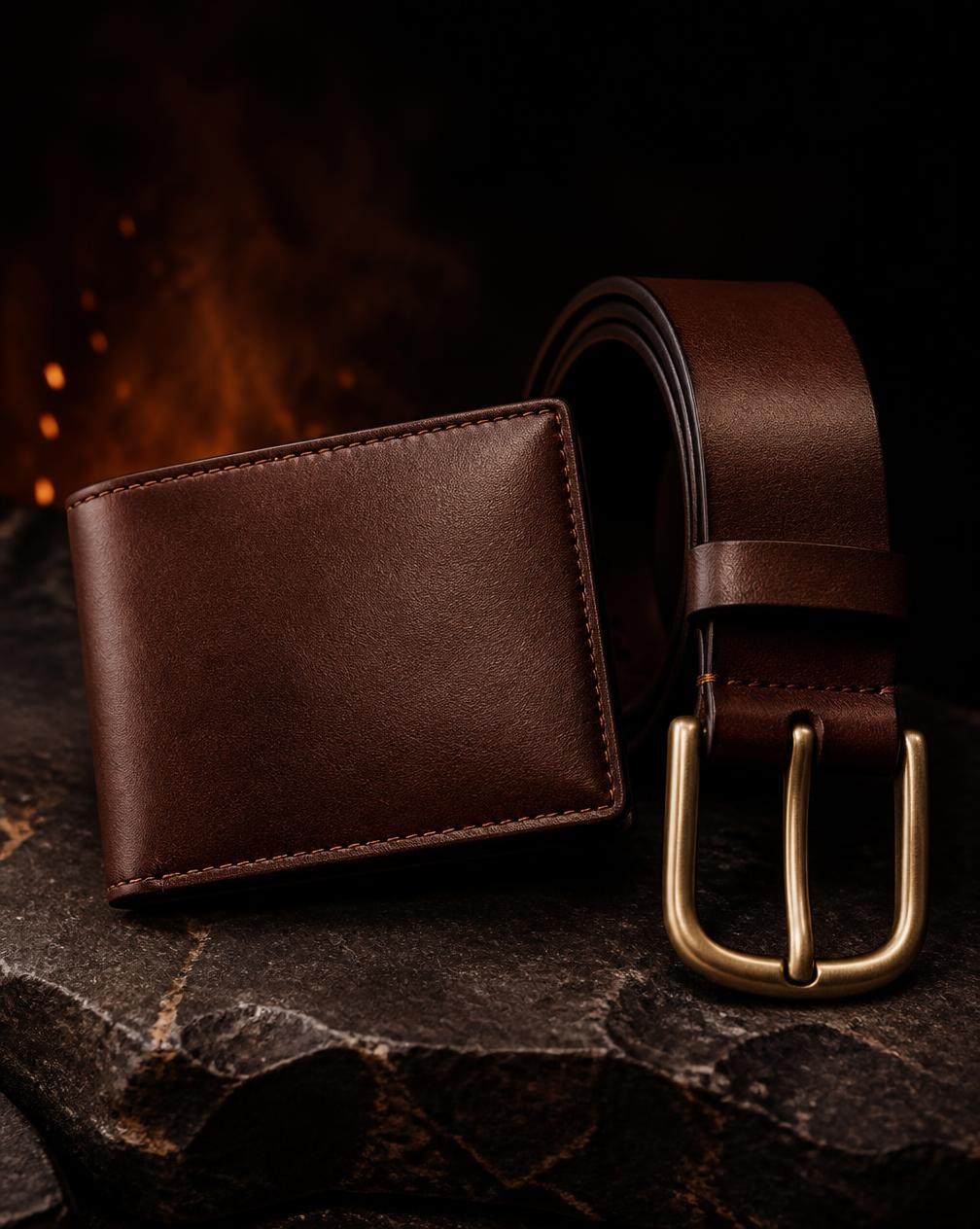 A bifold wallet and gold-buckled belt from the Isiba collection